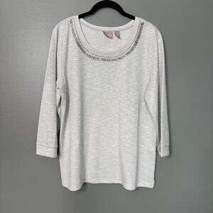 Chico's Women's Silver Glitter Metallic Beaded Neck Glam Top - Size 1 (Medium)